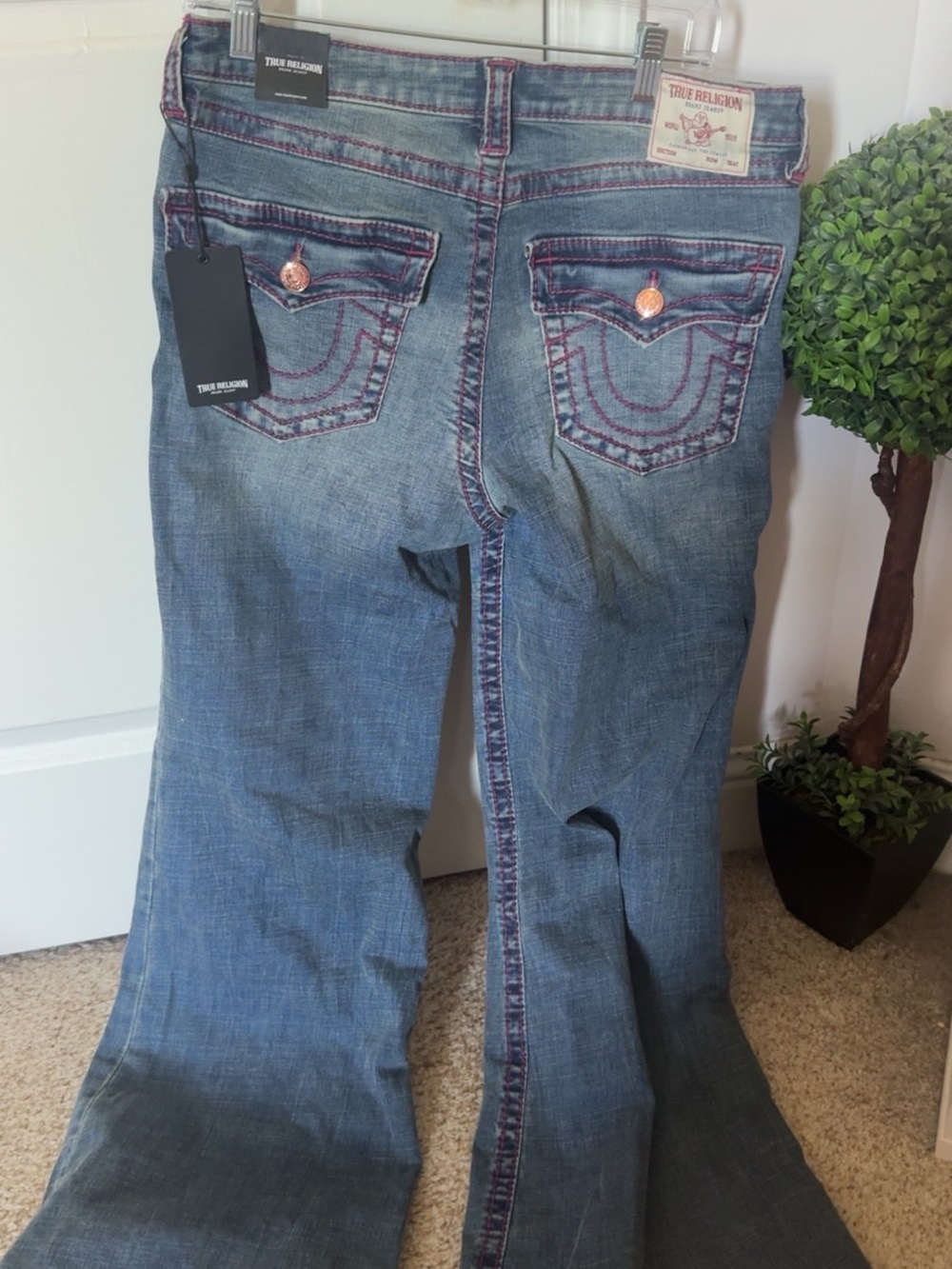 True Religion Medium Blue Flare Jeans with Pink Contrast Stitching (new with tag
